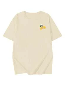 T-shirt à manches courtes décontracté, ample et polyvalent avec imprimé graphique de limonade au citron. Convient pour un port casual et en vacances. - Nude - Voir 3