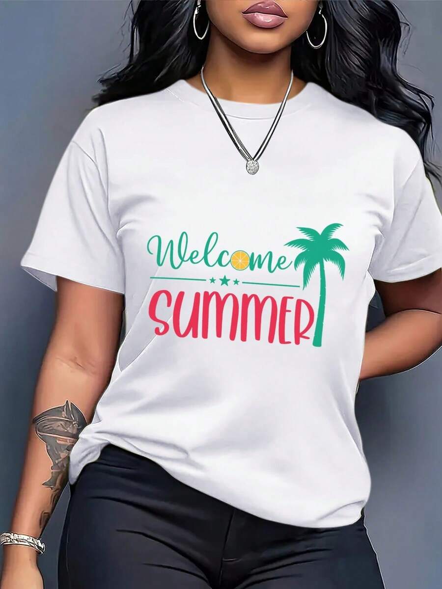 Nueva Camiseta de Moda para Mujer con Cuello Redondo - Camiseta holgada de verano para mujer de talla con estampado de palmeras tropicales y la palabra welcome, top ligero e informal con cuello redondo, adecuada para viajes a la playa, vacaciones y uso diario - Prenda de verano lavable aáquina con un diseño básico universal. - Blanco - Ver 1