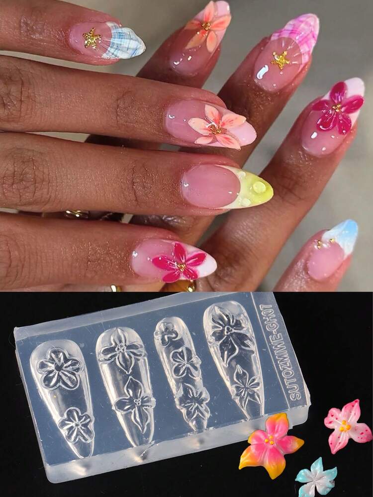 1pc Spring Summer Flower Petals Silicone Nail Carving Mold Lily Cherry Blossom Floral Five Flower Designs Embossed Mould Stamping Plate DIY Manicure Designs Gel Polish Printing Nail Art Stencil Tools - Clear - View 3
