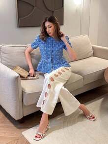 Top de manga corta y corto con bordado floral para mujer, primavera/verano, bordado hueco - Azul - Ver 3