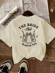 Camiseta casual de manga corta para mujer, de estilo moderno y minimalista, adecuada para fiestas de damas de honor y clubes nupciales, estampada en color albaricoque, corte holgado, cuello redondo, color negro, lavable a máquina, top de primavera/verano. - Albaricoque - Ver 2