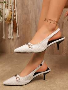 Tacones de aguja con punta afilada y correa de tobillo, con patrón tejido delicado, decoración de hebilla metálica y cristales, cómodos para la oficina, entrevistas, viajes, sandalias de punta cerrada versátiles para mujeres - Beis - Ver 3