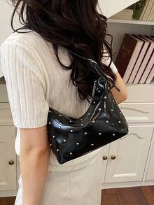 Bolso bandolera de moda BEIKAMU con decoración de remaches, correa de hombro ajustable, cierre con cremallera, versátil, adecuado para universidad, ir al trabajo, compras, paseos, uso diario - Negro - Ver 4