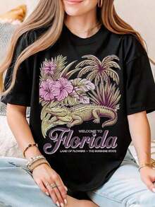 Florida T-Shirt, Florida T-Shirt, Aesthetic Graphic T-Shirt, Sunshine State Florida T-Shirt, Summer T-Shirt Gift, Women's Oversized Summer T-Shirts, Women's Dresses - Black005 - 查看 6