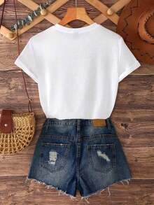 1 pieza de camiseta de manga corta para mujer con estampado de planetas celestes, cuello redondo, corte holgado, blusa casual, silueta en línea para atuendos informales, top minimalista (lavable a mano), camiseta sin estampado, camisetas estampadas para mujer, camiseta de verano, camiseta casual, ropa de vacaciones para mujer, diseño juvenil y moderno, 180g 100% algodón. - Blanco - Ver 2