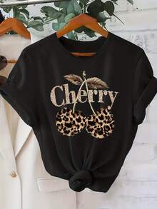 Soft Fabric T-Shirt: Beautiful And Fashionable Women's Clothing, Leopard Print With Cherry Design, Breathable And Soft, Suitable For Sports, Parties, Cute, Elegant, Modern, Casual Home Wear, Short Sleeve Top With Round Neck, Fashion T-Shirt. - 黑色 - 查看 7