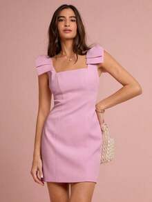 Vestido mini rosa con gran lazo en el hombro, sin mangas, estilo princesa, romántico para mujer, dulce y elegante para vacaciones, citas, fiestas, graduación, invitadas a bodas, vestido de fiesta, vestidos de verano para mujer, ropa de verano - Rosa - Ver 4