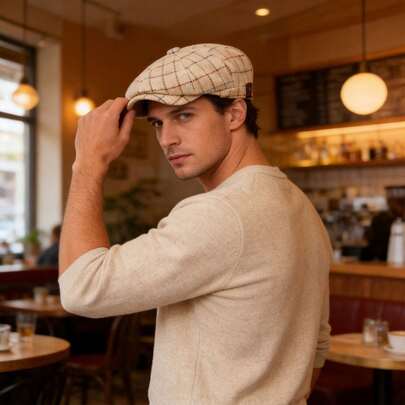 1pc Hat Plaid Flat Cap, Vintage Ivy Newsboy Hat, Casual Adjustable Curved Brim Beret