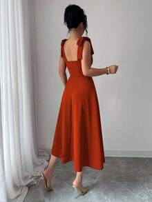 elegante y romántico para mujer con lazo decorativo en la cintura y corte evasé sin mangas - Óxido marrón - Ver 2