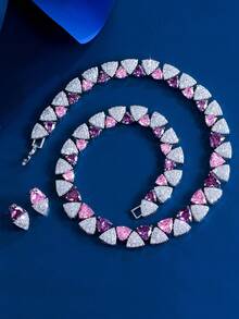 1 Set Women Chic Purple Pink Geometric Triangles Cubic Zirconia Tennis Choker Necklace Stud Earrings Silver Plated CZ Crystal Jewelry Set For Wedding Party - Purple - View 7