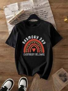 Women's Plus-Size "Harmony Day" Short-Sleeve T-Shirt With Rainbow And Heart Prints. Machine Washable, Soft And Breathable Fabric, Suitable For Spring, Summer, And Fall. Casual Loose Fit, Cool And Stylish, Peace-Themed T-Shirt. Black - 黑色 - 查看 1