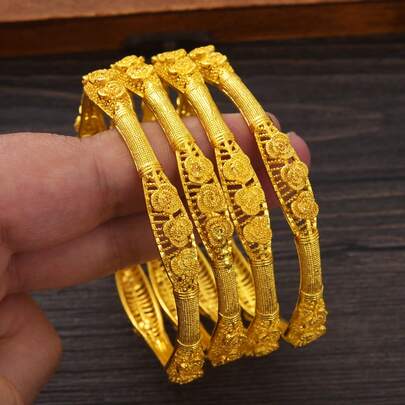 4 pièces/2 pièces Set Bracelet doré classique de 65 mm, Bracelet de luxe à design rose pour femmes, Cadeau de bijoux pour fête/mariage pour la mariée africaine/saoudienne