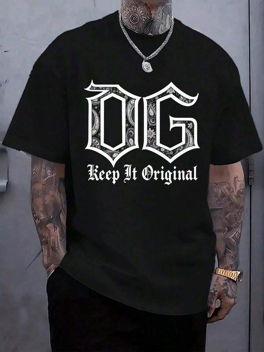 Camiseta casual para hombre% algodón lavado, 180g de algodón, talla, con estampado moderno, cuello redondo, manga corta, adecuada para todas las estaciones, versátil para todas las estaciones. - Negro - Ver 1