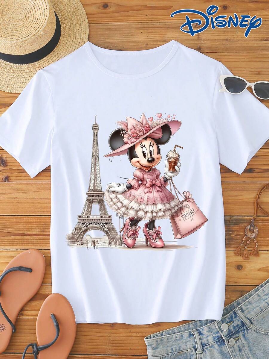 Disney 1件男士宽松可爱米妮卡通印花短袖T恤,圆领,休闲日常穿着,易护理面料,时尚休闲男士T恤 - 白色 - 查看 1