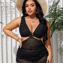 Swim  Summer Beach Plus Size Polka Dot Printed Tankini Set With Circular Detail, Separated Swimsuit, Bathing Suit Beach Outfit Vacay Vibe - Negro - Ver 7