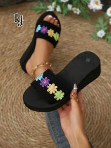 Women's Platform Wedge Sandals, Slip-Resistant Thick-Soled Comfortable Soft Knitted Colorful Embroidered Floral Open Toe Strap Thick Wedge Slides, European And American Bohemian Style, Suitable For Summer Beach, Vacation, Casual Wear, Black - Black Flowers - View 6