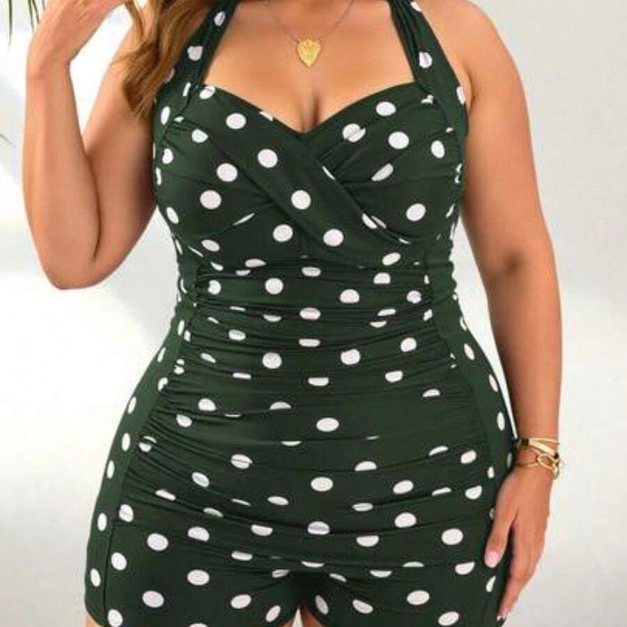 Swim Lushore 1pc Women Plus Size Polka Dot Printed Cross Front Tankini Top With Adjustable Tie Strap Shorts, Elegant Casual Daily Beach Vacation One-Piece Swimsuit For Summer - Verde Oscuro - Ver 1
