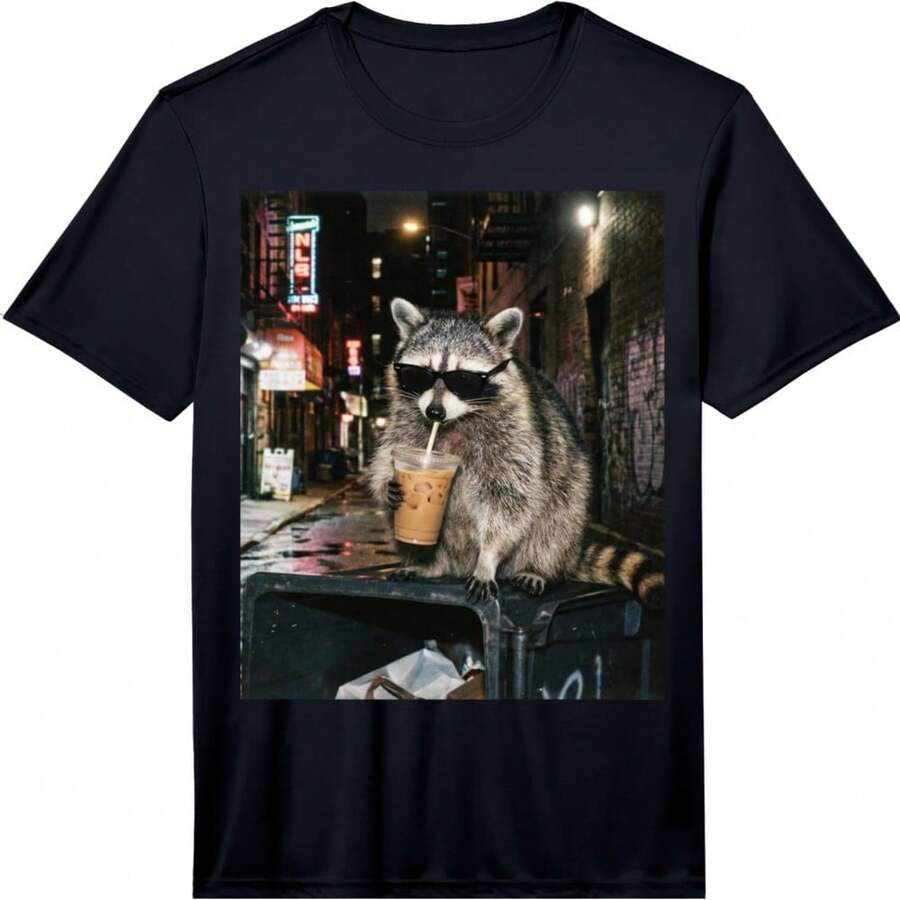 Mens Funny Raccoon Drinking Iced Coffee Sunglasses Cool Meme Performance T-Shirt - Black - View 1