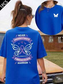 Fibromyalgia Awareness Support T-Shirt, 220 G/M² Cotton T-Shirt With Double-Sided Print, Round Neck, Casual Style For Women (1 Piece) - 藍色 - 查看 6