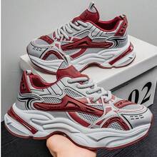 Mesh Patchwork Chunky Sneakers, Street Style Sporty Casual Low-Top Breathable Shoes For Men, Suitable For All Seasons - Red and White - View 3