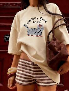 Short-Sleeve T-Shirt With Funny Cat Print And Black Calligraphy, Fashionable Short-Sleeve T-Shirt For Spring And Summer 2026, Made In Mexico, 180 Grams. Cartoon Print, Couple Design, Suitable For Indoor Or Outdoor Wear. Crew Neck, Unisex, Ideal For Office And Leisure. One-Piece Pack. - APR-P631577SLNDXZGY388 - 查看 3