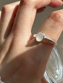 1pc Moonstone Ring, Minimalist Retro Chic Fashion Accessory, Personalized Niche Design Adjustable Open Ring For Index Finger - Silver - View 3
