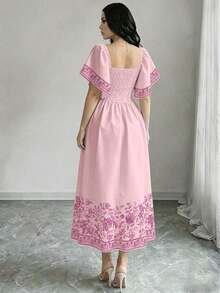 Vestido de manga corta con cuello cuadrado y estampado floral, vestido de longitud media con cintura ceñida, vestido marrón con estampado floral - Multicolor 3 - Ver 2