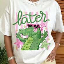 Camiseta estampada mujerCrocodile-Themed Printed Short-Sleeved Crew Neck  Graphic White , Streetwear Summer Top Camiseta Para Mujer Free ShippingPlayera para verano - Blanco - Ver 11