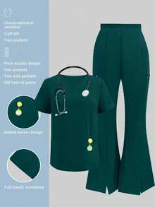 Solid Color V-Neck Short Sleeve Top And Split Leg Pants Lab Coat Nurse Scrub Uniform Scrub Uniform Set, Pet Hospital Clinic Work Scrub Uniform Set With Pockets Spring - Dark Green - View 1