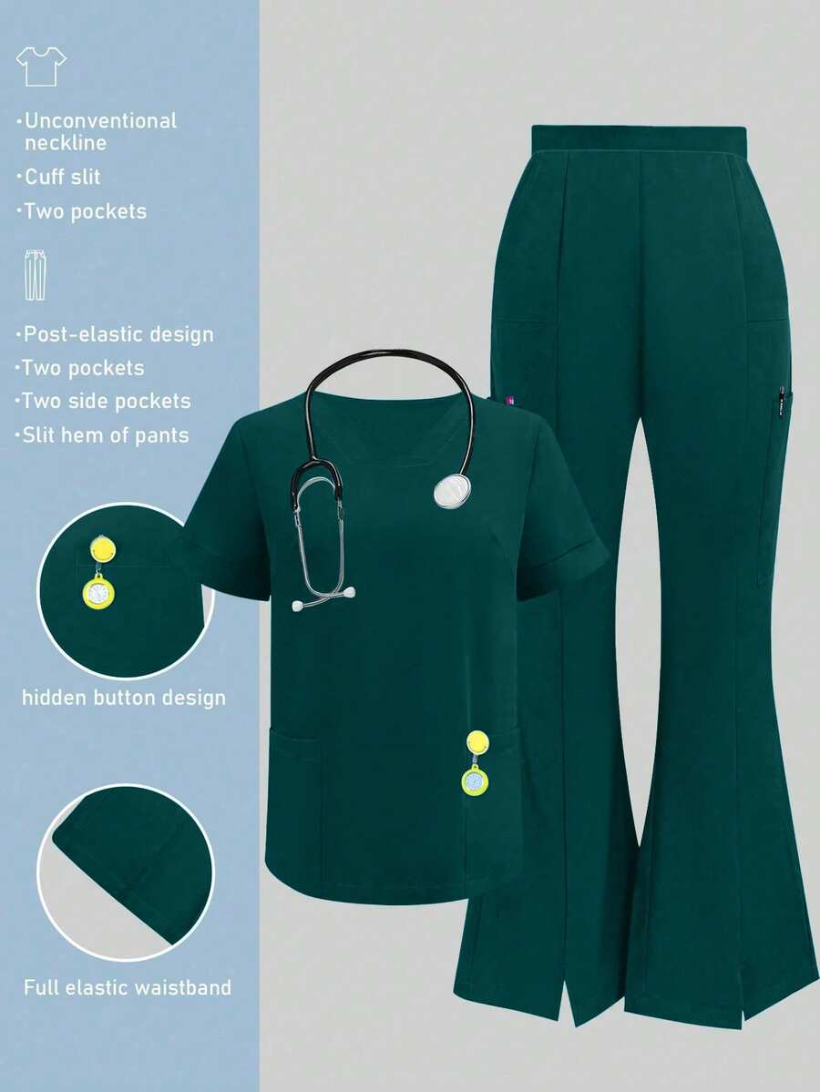 Solid Color V-Neck Short Sleeve Top And Split Leg Pants Lab Coat Nurse Scrub Uniform Scrub Uniform Set, Pet Hospital Clinic Work Scrub Uniform Set With Pockets Spring - Dark Green - View 1