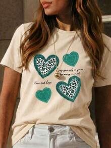 Amiam Bmian New Short-Sleeved Crew Neck T-Shirt For Women, Spring/Summer Design, Perfectly Combining Modern Lettering And A Heart Print, Breathable And Sweat-Wicking. Direct Shipping From Our Local Warehouse, Couples' Style, Ideal For Wearing Together. - 巧克力棕 - 查看 2