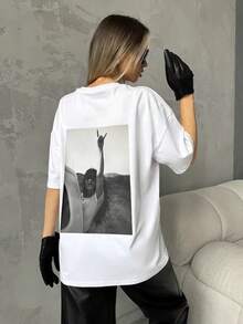 Nueva moda de verano: camiseta casual versátil de algodón de manga corta y corte holgado con estampado vintage para mujer. - Blanco - Ver 9