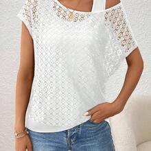 LUNE Blusa de mujer con patchwork de encaje, cuello mock, hombro oblicuo - enfermarse - Ver 2