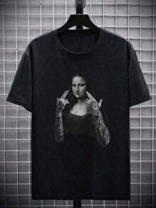 Camiseta casual de manga corta con cuello redondo y estampado gráfico de la Mona Lisa, talla, para verano NMJH - Negro - Ver 2