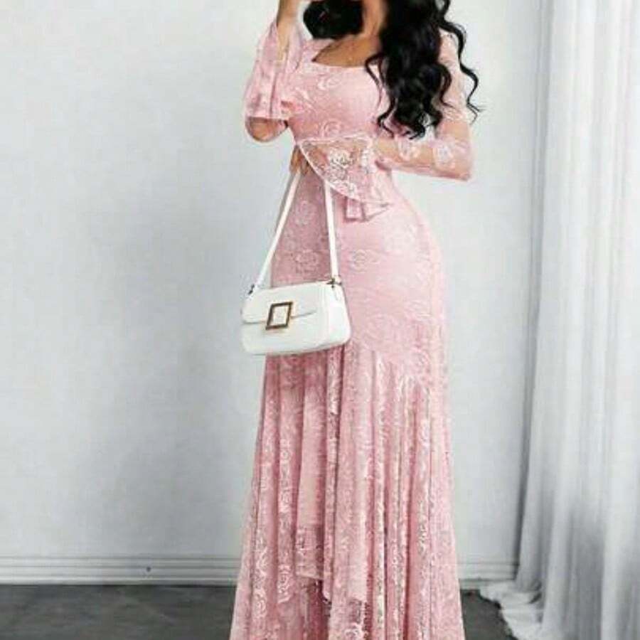 Women's Elegant French Romantic Sexy Square Neck Rose Lace Jacquard Vintage Double-Layer Ruffle Sleeve Asymmetrical Hem Dress, Suitable For Dates, Holidays And Daily Wear Spring - Rosa - Ver 1
