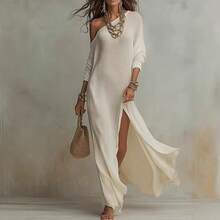 Women's Off Shoulder Knit Maxi Dress With Long Sleeves And High Slit - White - View 2