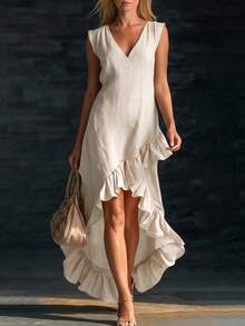 Vestido Largo de Algodón y Lino 2026 Verano, Sin Mangas Cuello V con Volantes en el Borde Inferior - Rosa - Ver 2