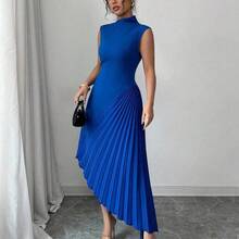 Elenzya Women's Elegant Fashionable Commute Casual Vacation Charming Party Sleeveless Asymmetric Collar Cinched Waist Fitted Uneven Hem Patchwork Solid Color Dress - azul real - Ver 5