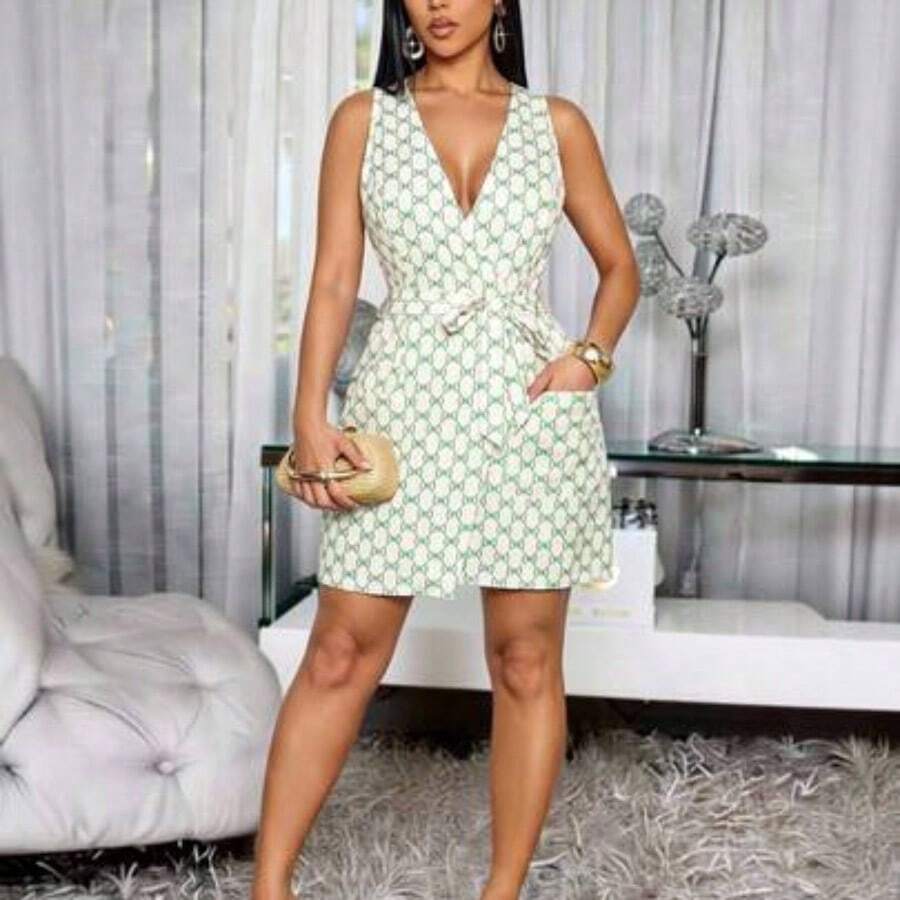 Women's Vintage All-Over Print Sleeveless Tie-Back Waist Cinching Mini Dress, Elegant For Everyday, Dates, Afternoon Tea, Gatherings, Parties, Graduation, Commute, Office, Vacation, Music Festivals And More - Verde - Ver 1