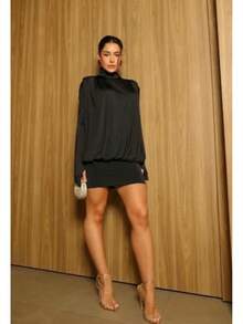 High-Neck, Long-Sleeved Dress, Slim Fit, Elegant, Sensual, Chic. - 黑色 - 查看 1