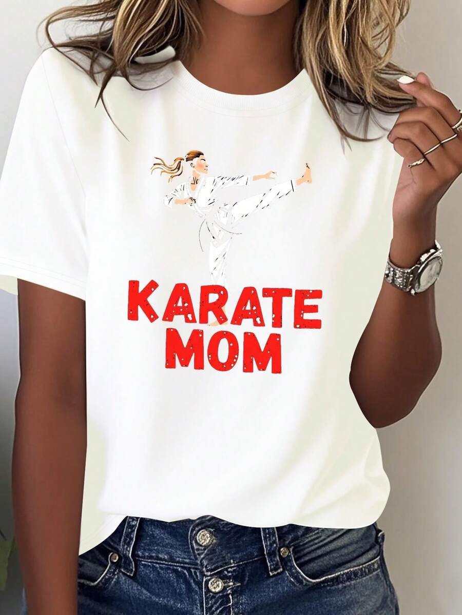 KARATE MOM Women's 100% Cotton T-Shirt - Killer Mom Design With Martial Arts Print, Casual Slim Fit, Comfortable For All Seasons, Machine Washable Karate Clothing And Casual Wear - 白色 - 查看 1