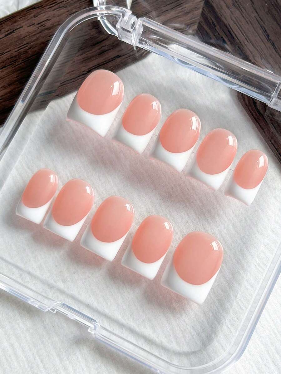 10 miếng dán móng tay vuông thủ công, nền hồng với đầu móng trắng kiểu Pháp, móng giả acrylic tối giản, bề mặt bóng, phù hợp cho các bạn nữ sử dụng hàng ngày, đi nghỉ mát, dự tiệc và đi học. Bao gồm gel và dũa móng. - Nhiều màu - Xem 1
