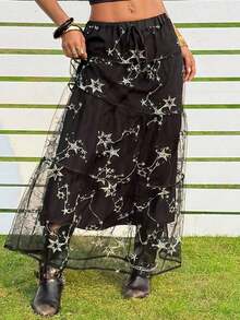 Nuevo estilo Falda maxi de cintura alta con lazo y doblones en el bajo, color sólido para mujer - Negro - Ver 10