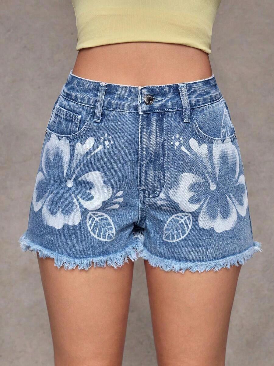 Pantalones cortos vaqueros casuales, estilo minimalista para uso diario - Azul lavado medio 2 - Ver 1