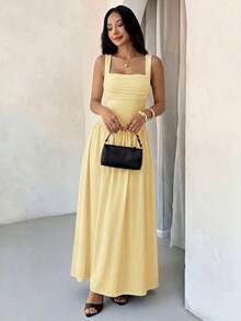 Vestido evasé de unicolor marrón café con cuello cuadrado elegante para mujer, primavera/verano - Amarillo - Ver 8