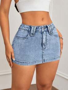 Minifalda de mezclilla ajustada y de tiro bajo lavada, con estilo callejero sexy para el verano - Lavado ligero 5 - Ver 4
