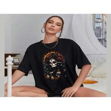 CAMISETA DE MANGA CORTA Y CORTE HOLGADO PARA MUJER, PLAYERA DE DAMA, CAMISETA ESTAMPADA DE DIA DE MUERTOS,CATRINA, CATRIN, COCO, PARA PRIMAVERA VERANO - Negro - Ver 1