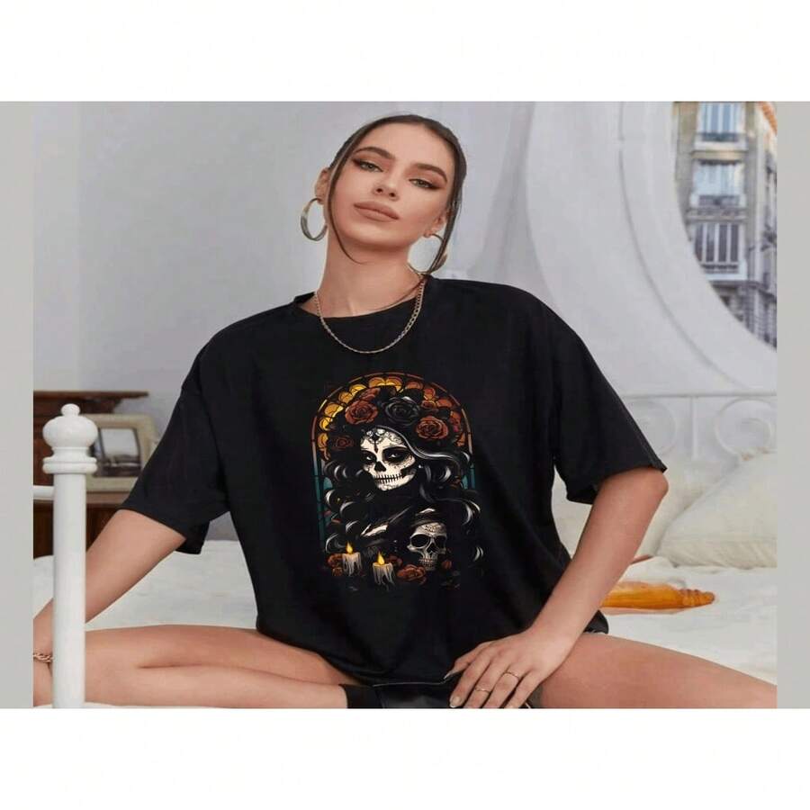 CAMISETA DE MANGA CORTA Y CORTE HOLGADO PARA MUJER, PLAYERA DE DAMA, CAMISETA ESTAMPADA DE DIA DE MUERTOS,CATRINA, CATRIN, COCO, PARA PRIMAVERA VERANO - Negro - Ver 1