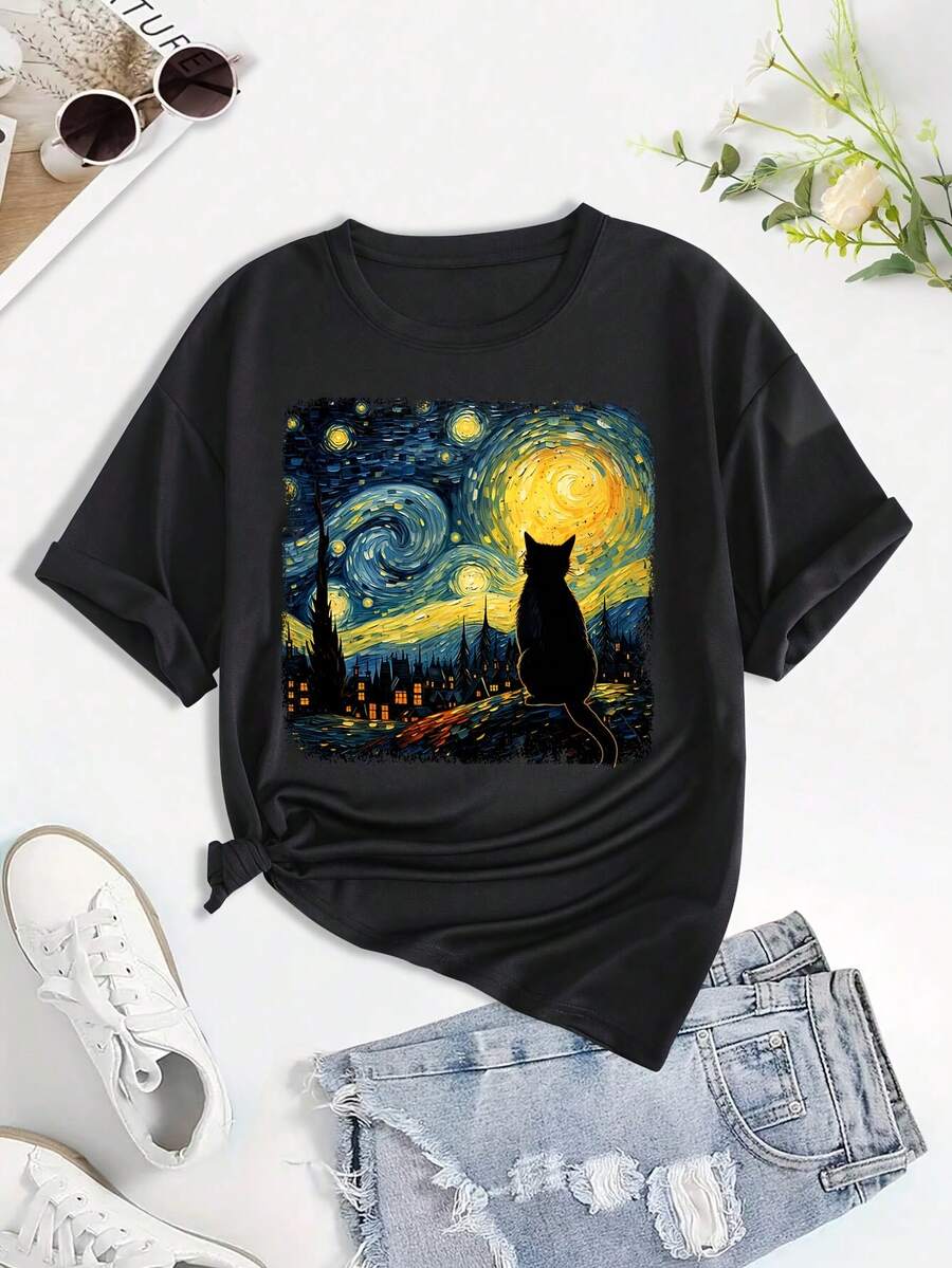 Women's Modern, Casual T-Shirt, Perfect For Parties And Lounging At Home. 100% Cotton, Loose Fit. Van Gogh Cat Print T-Shirt, Short Sleeve Crew Neck Casual Top For Summer & Spring, Women's Clothing. 100% Cotton - 黑色 - 查看 1