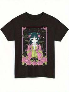1pc Camiseta de Anime Girl Waifu - Diseño Tierno y Tímido de Maomao, 100% Algodón Cuello Redondo Manga Corta, Negra con Arte Floral de Anime Rosa y Verde, 180gsm - Ropa Casual para Primavera Verano Otoño, Ropa para Fanáticos de Anime Adultos, Ropa de Anime, Camiseta de Primavera Verano, Diseño Floral de Anime, Camiseta Lavable a Máquina, Tela Transpirable, Atuendo Diario, Estilo Kawaii, Material Duradero, Camiseta Gráfica, Amantes de la Cultura Pop - Blanco - Ver 1